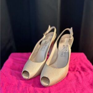 Salvatore Ferragamo Cream Peep-Toe Slingback Heels